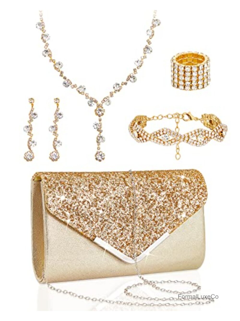 5 Pc Rhinestone Jewelry Set With Clutch Purse Bridal Prom Gift